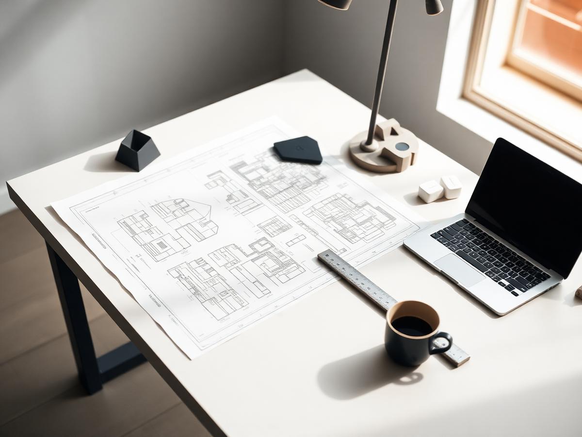 Minimalistischer Schreibtisch mit Laptop, Blaupausen und Kaffee